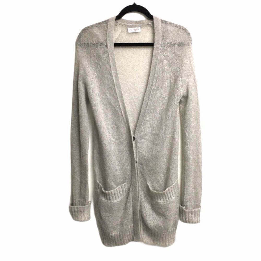 AMERICAN VINTAGE Mohair Button Front Chunky Knit Long Cardigan Sweater Gray L